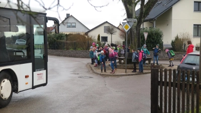 Rund zwei Dutzend Grundschüler warten auf der Verkehrsinsel unter der Weiterndorfer Dorflinde, als der Linienbus um 7.50 Uhr eintrifft. (Foto: Eckard Dürr)