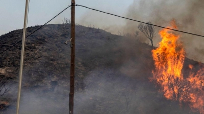 Flammen lodern im vergangenen Jahr auf einem Hügel auf Rhodos. (Foto: Petros Giannakouris/AP/dpa)