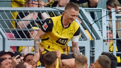 Die Dortmunder Spieler bejubeln mit Marco Reus sein Tor zum 2:0. (Foto: Bernd Thissen/dpa)