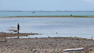 Es bleibt heiß in Bayern: Ein Mann steht am trockenen Ufer des Bodensees neben einem Surfboard. (Archivbild) (Foto: Karl-Josef Hildenbrand/dpa)