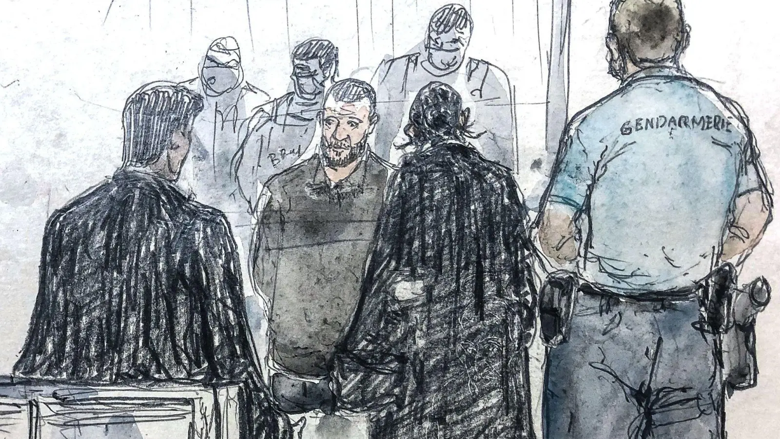 Diese Gerichtsskizze zeigt den Hauptangeklagten Salah Abdeslam (M) während des Prozesses um die Pariser Terroranschläge vom November 2015. (Foto: Benoit Peyrucq/AFP/dpa)