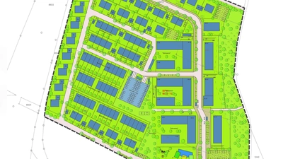 Im Wohngebiet „Weinbergplateau II“ sollen im östlichen Bereich Mehrfamilienhäuser entstehen, im Randberich Eigenheime und im Zentrum Reihenhäuser. In der Mitte ist die Parkhalle geplant. (Grafik: Stadt Ansbach)