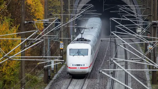 Ein ICE fährt auf der Schnellfahrstrecke Stuttgart - Mannheim nahe der Enztalbrücke aus einem Tunnel heraus. (Foto: Christoph Schmidt/dpa)