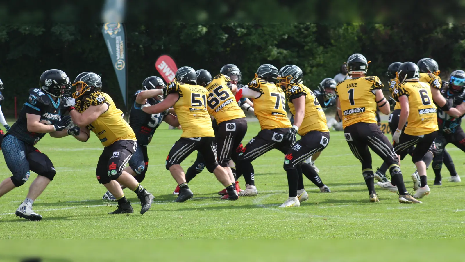Die Neustädter Offensive (gelbe Trikots) verschafft Quarterback Luca Gonter (Nummer 1) ausreichend Zeit, um sich für einen seiner Passempfänger zu entscheiden. (Foto: Denise Huscher)