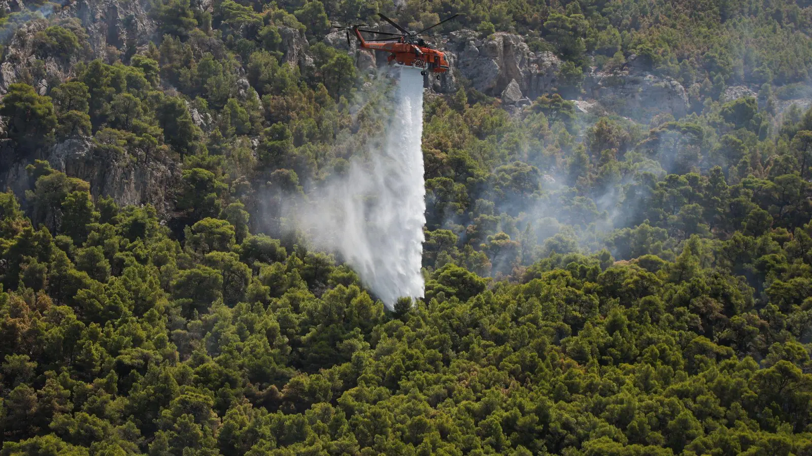 Das Feuer brach am Donnerstagnachmittag nahe dem Ferienort Siviri auf der Halbinsel Kassandra aus. (Foto: Socrates Baltagiannis/dpa)