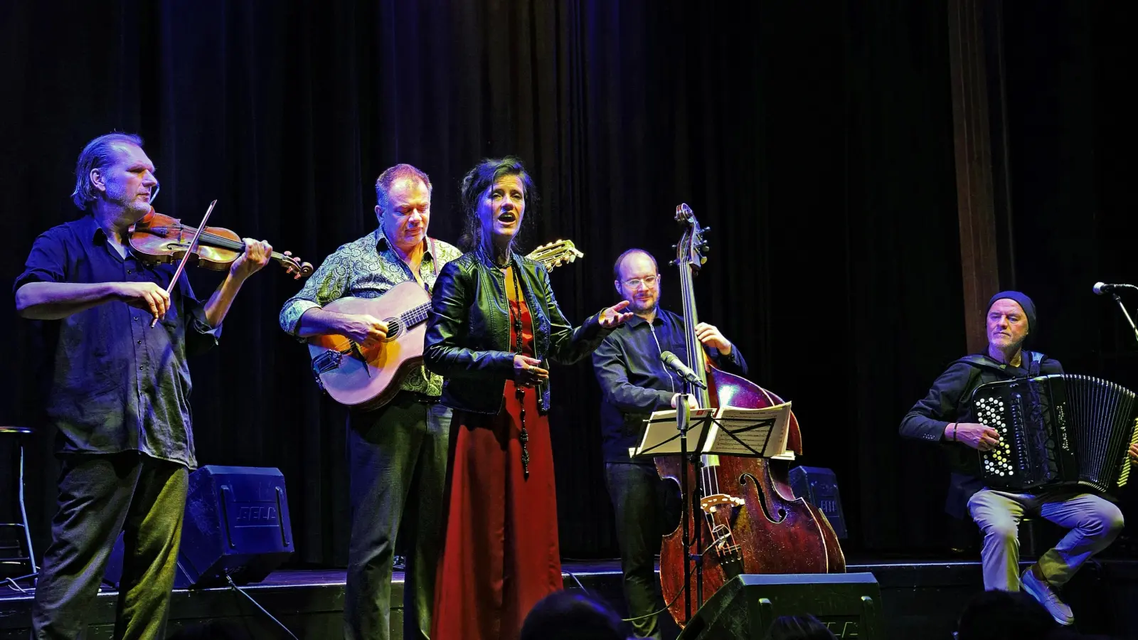 Riss das Kammer-Publikum mit: die Band Foaie Verde, Felix Borel (Geige), Frank Wekenmann (Gitarre); Sebastian Schuster (Kontrabass), Jordan Djevic (Akkordeon) und Katalin Horvath (Gesang). (Foto: Elke Walter)
