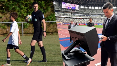 Florian Badstübner beim Jugendturnier in Retzendorf und im Stadion in Tokio. (Fotos: Alexander Keck/Japan Football Association )