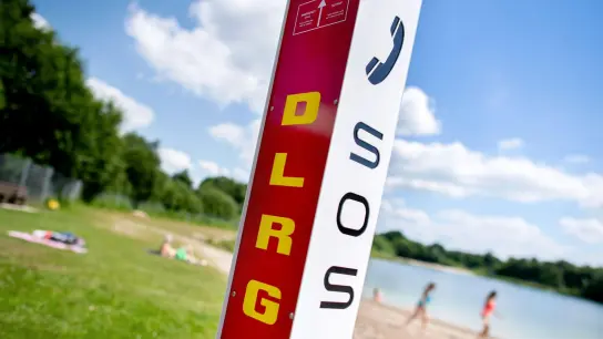Eine Notrufsäule der DLRG steht an einem Badesee. (Foto: Hauke-Christian Dittrich/dpa/Symbolbild)