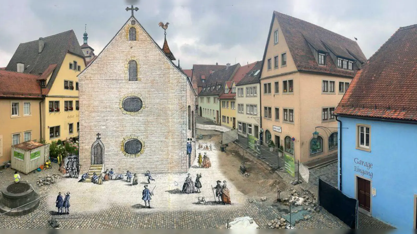 Reizvolle Montage: Um eine Vorstellung davon zu liefern, wie die Marienkapelle und vormalige Synagoge am Kapellenplatz heute wirken würde, hat das Grabungsbüro eine von Johann Friedrich Schmidt 1762 angefertigte Abbildung des Gebäudes in ein aktuelles Foto integriert. (Fotomontage: Kohler & Tomo Archäologie/Silviu Popa)