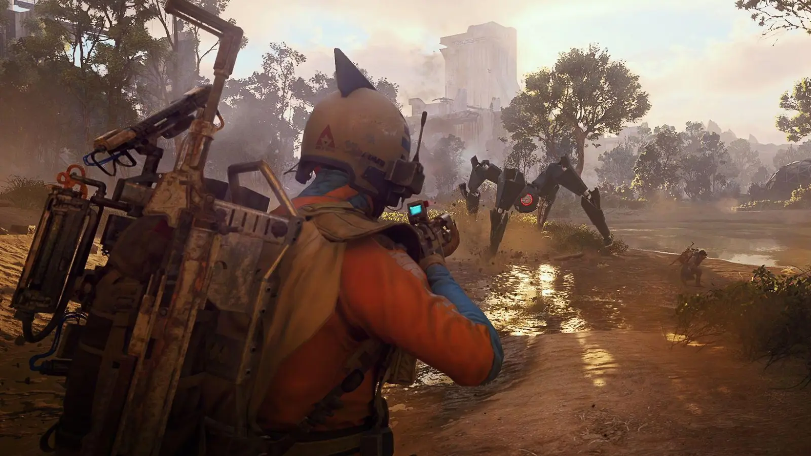 Spinnenartige Arcs, die vom Himmel regnen, sind die Hauptgegner im Spiel. (Foto: -/Embark Studios/dpa-tmn)