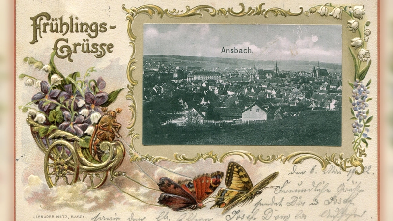 Diese Karte mit Frühlingsgrüßen aus Ansbach wurde vor gut 100 Jahren versandt: Sie zeigt den Blick über die Stadt, deren Umgebung noch kaum bebaut ist.  (Repro: Sammlung Martin Schuster)
