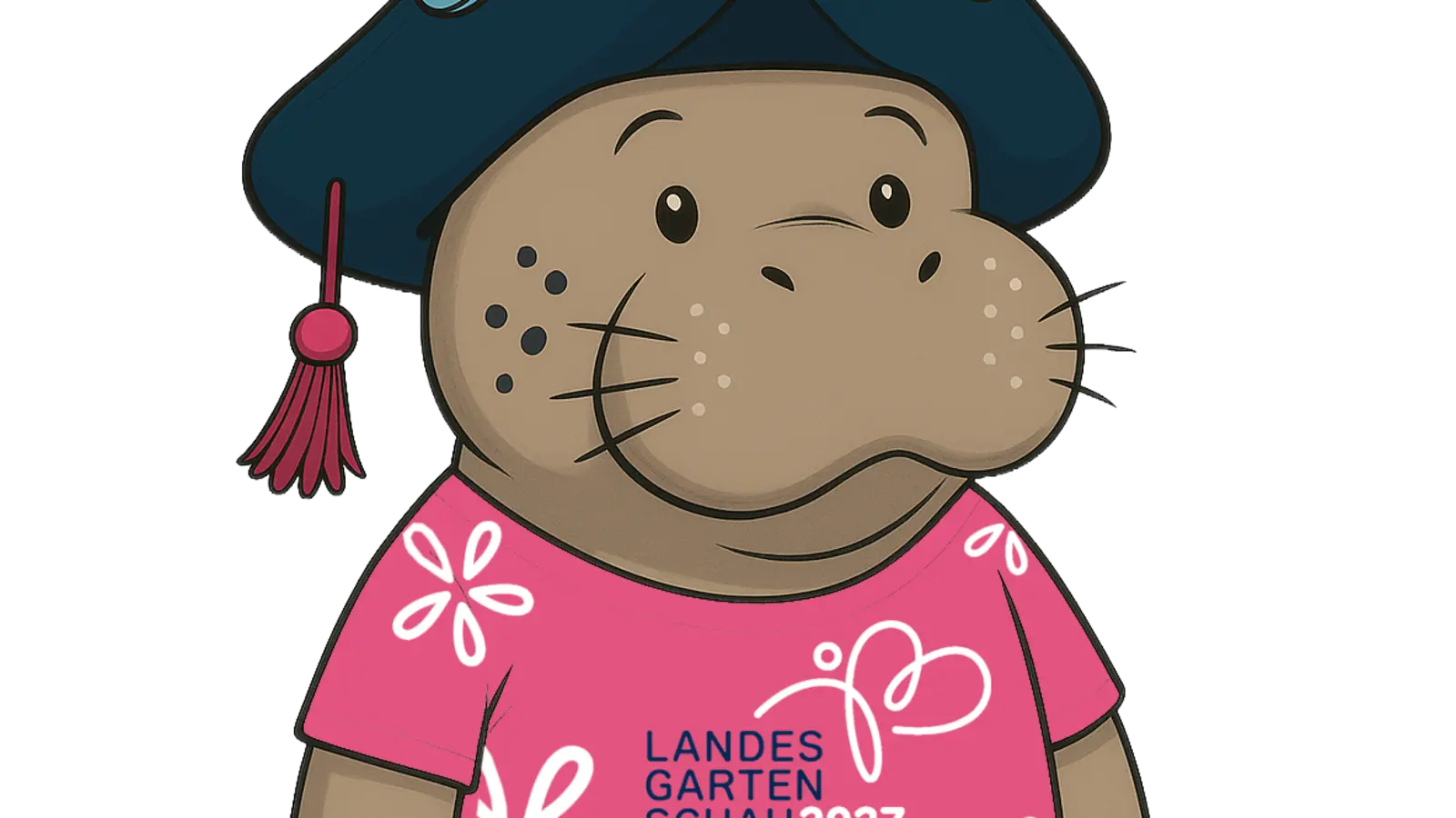 Eine Seekuh mit fränkischem Dreizack auf dem Kopf: Stellario soll die Herzen der Besucherinnen und Besucher der Landesgartenschau in Bad Windsheim gewinnen.  (Grafik: Katharina Heer)