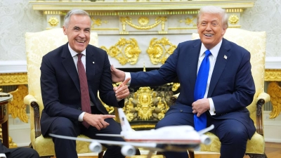 Der Zölle-Clip hatte das Verhältnis zwischen US-Präsident Donald Trump und Kanadas Premier Mark Carney belastet. (Archivbild). (Foto: Evan Vucci/AP/dpa)