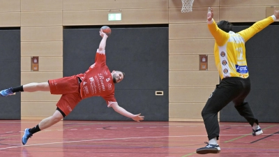 Akrobatisch: Rothenburgs Daniel Laugner versucht hier im Hinspiel, Allachs Torhüter Valentin Hagitte zu überwinden. (Foto: Martin Rügner)