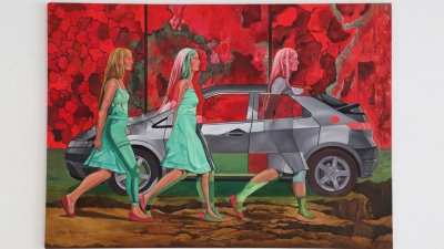 Da läuft jemand auf einen Abgrund zu: „Rot“ aus der Bildreihe „Zustand der Dinge“, ein Gemälde von Maja Bogaczewicz. (Foto: Martina Kramer)