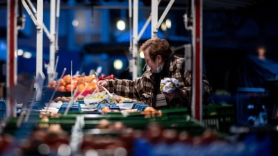 Eine Verkäuferin bereitet die Auslage auf einem Wochenmarkt in Oberhausen vor. „Die Branche hat in den vergangenen 30 bis 40 Jahren insgesamt stark an Bedeutung verloren. In der Bevölkerung sind die Märkte beliebt, aber viele Menschen gehen gar nicht hin“, sagt ein Fachmann. (Foto: Fabian Strauch/dpa)