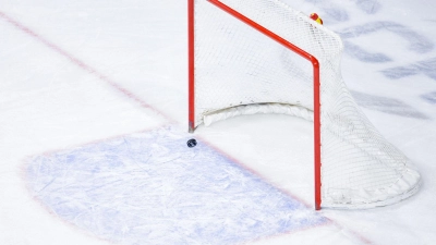 Ein Puck fliegt in ein leeres Eishockey-Tor. (Foto: Uwe Anspach/Deutsche Presse-Agentur GmbH/dpa/Symbolbild)