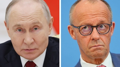 Merz gegen Putin: Die deutsch-russische Konfrontation verschärft sich. (Foto: Vyacheslav Prokofyev/Pool Sputnik Kremlin/AP/dpa)