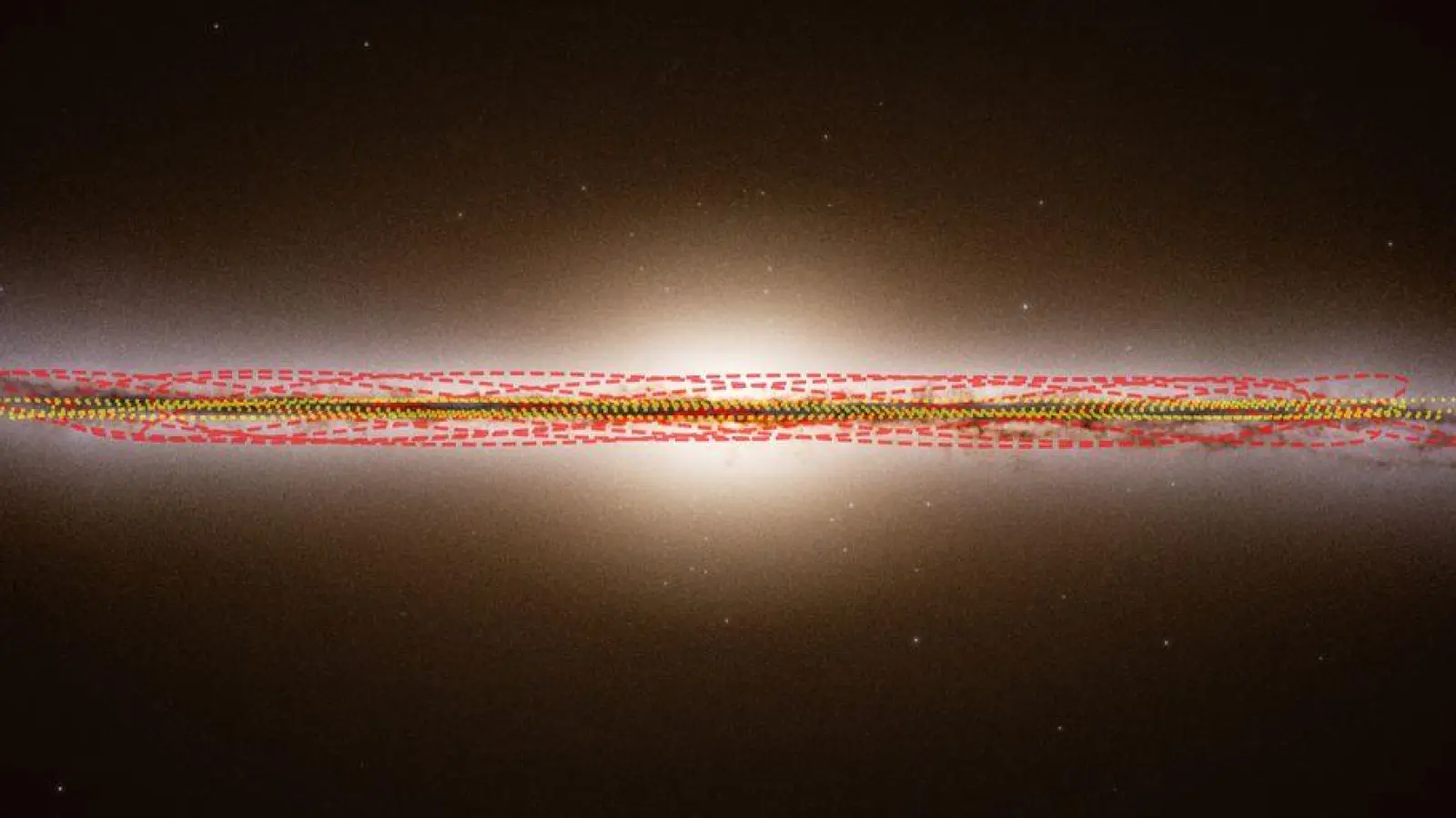 Diese Illustration zeigt eine Seitenansicht der Milchstraße und die geschätzten Umlaufbahnen unserer Sonne und des Kometen 3I/ATLAS. Der Komet ist mit roten gestrichelten Linien, die Sonne mit gelben gepunkteten Linien dargestellt. (Foto: M. Hopkins/Ōtautahi-Oxford Team/dpa)