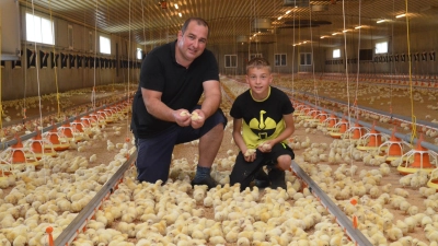 Thomas Ehrenbrand (mit Sohn Theo) möchte mit Transparenz gegen Vorurteile vorgehen. Wer seine bestehenden Ställe besichtigt, sieht freilaufende Küken. Der geplante Stall soll den Tieren durch einen Außenbereich mit Frischluft und Tageslicht mehr Lebensqualität bieten. (Foto: Yvonne Neckermann)