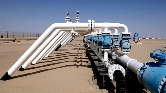 Das Verteilerkreuz einer Ölleitung auf einem Ölfeld in Libyen. (Foto: picture alliance / dpa)