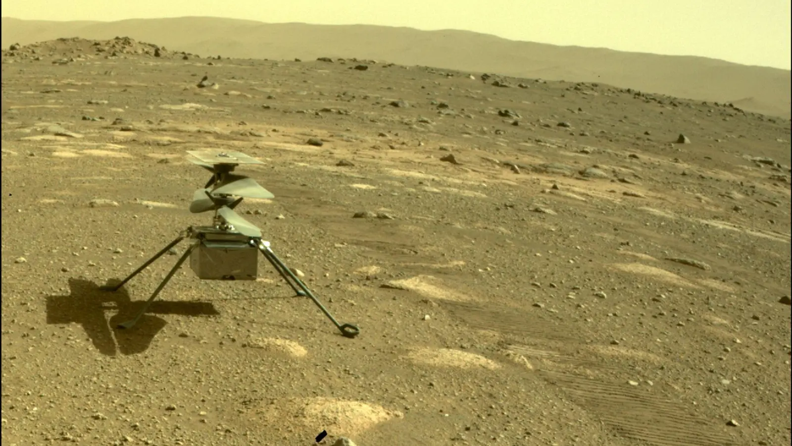Der Hubschrauber „Ingenuity“ der US-Raumfahrtbehörde Nasa zu sehen auf dem Mars, aufgenommen von der hinteren Kamera des Rovers „Perseverance“. (Foto: NASA/JPL-Caltech/dpa)