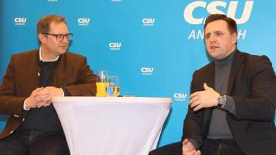 CSU-Generalsekretär Martin Huber (links) stellte sich nach einem Impulsvortrag den Fragen aus dem Publikum. Vorsitzender Andreas Schalk moderierte die Diskussionsrunde. (Foto: Robert Maurer)