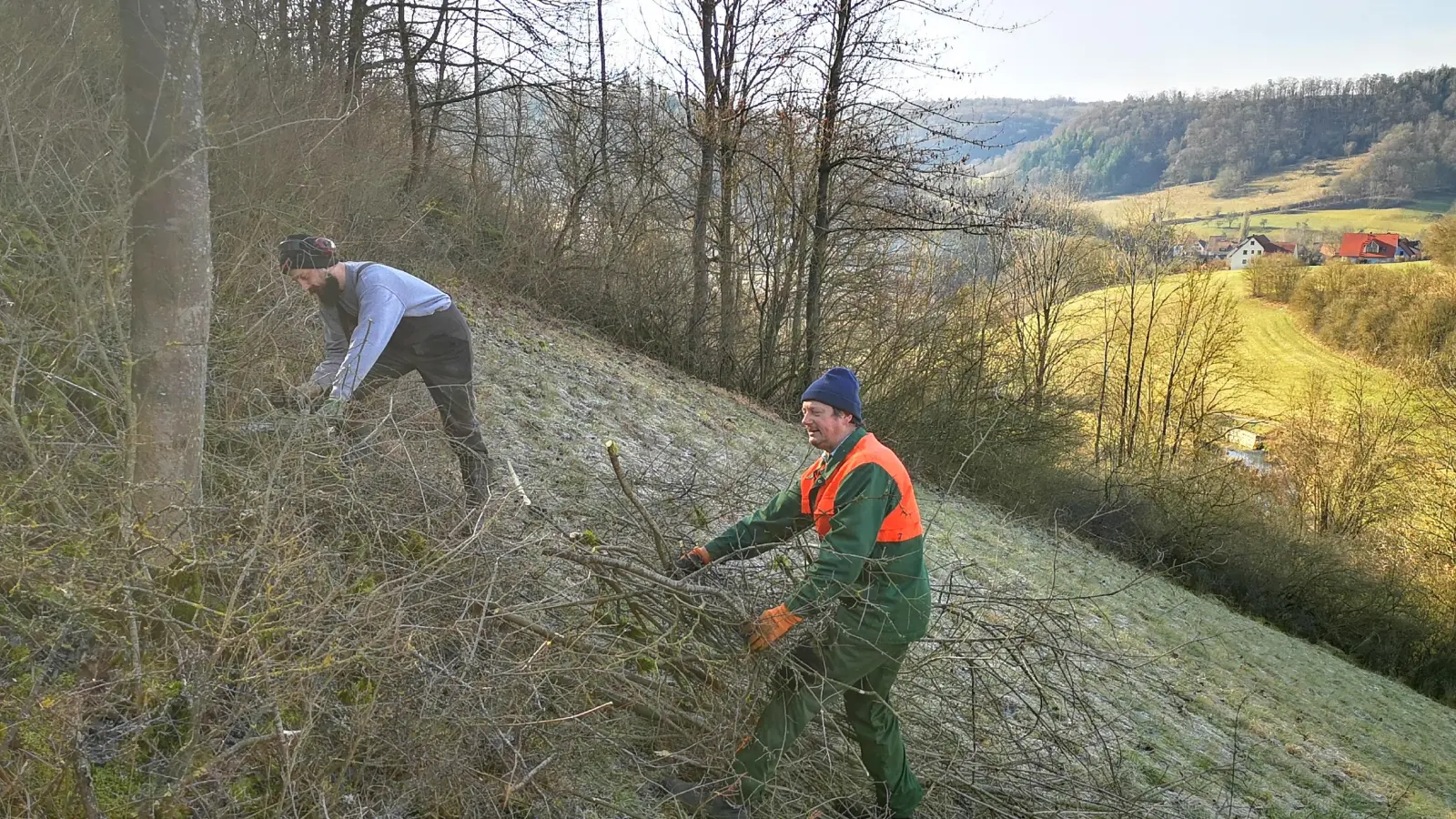 Die Landschaftspflege-Arbeit am Steilhang ist für Thomas Pflüger (rechts) und seinen Kollegen Axel Döppert Alltag. Das Foto zeigt die beiden beim Entfernen von Buschwerk am Haardtbuck oberhalb von Tauberscheckenbach. (Foto: Jürgen Binder)