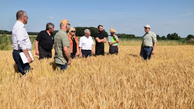Wegen des Wassermangels ist die Reife der Gerste weit fortgeschritten, wie bei einer Vorschau auf die Ernte Markus Förster, Dieter Proff, Tobias Fischer, Hans Henninger, Christine Reitelshöfer, Heinz Förster, Fritz Hein und Bernd Nagel (von rechts) feststellten. (Foto: Fritz Arnold)