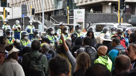 Demonstranten, die gegen das Impfmandat protestieren, stehen vor dem Parlamentsgebäude in Wellington. (Foto: Ben Mckay/AAP/dpa)
