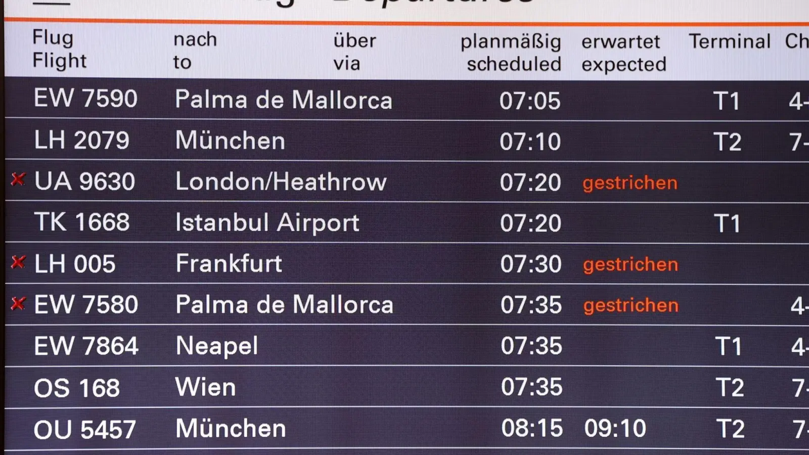 Gestrichene Flüge sind auf einer Anzeigetafel am Hamburger Flughafen zu sehen. (Foto: Bodo Marks/dpa)