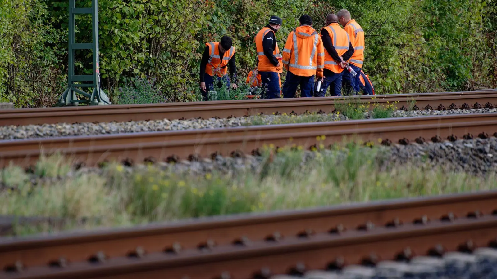 Bahn-Mitarbeiter stehen am Rand der Strecke Köln-Düsseldorf.  (Foto: Henning Kaiser/dpa)