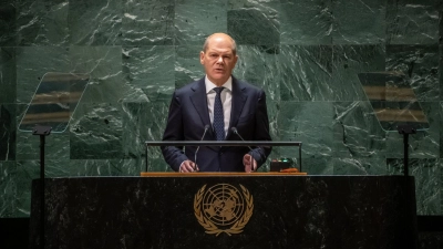 Bundeskanzler Olaf Scholz (SPD) spricht bei der Generaldebatte der UN-Vollversammlung. (Foto: Michael Kappeler/dpa)