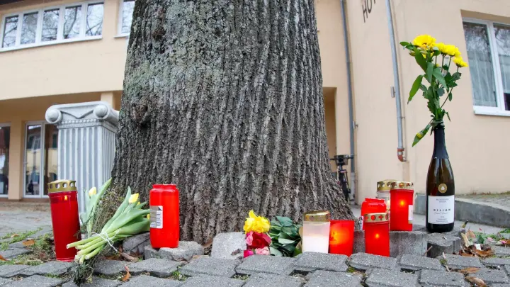 Blumen und Kerzen liegen in Erinnerung an die verstorbene Seniorin vor einem Baum in Bad Mergentheim. (Foto: Heiko Becker/dpa)