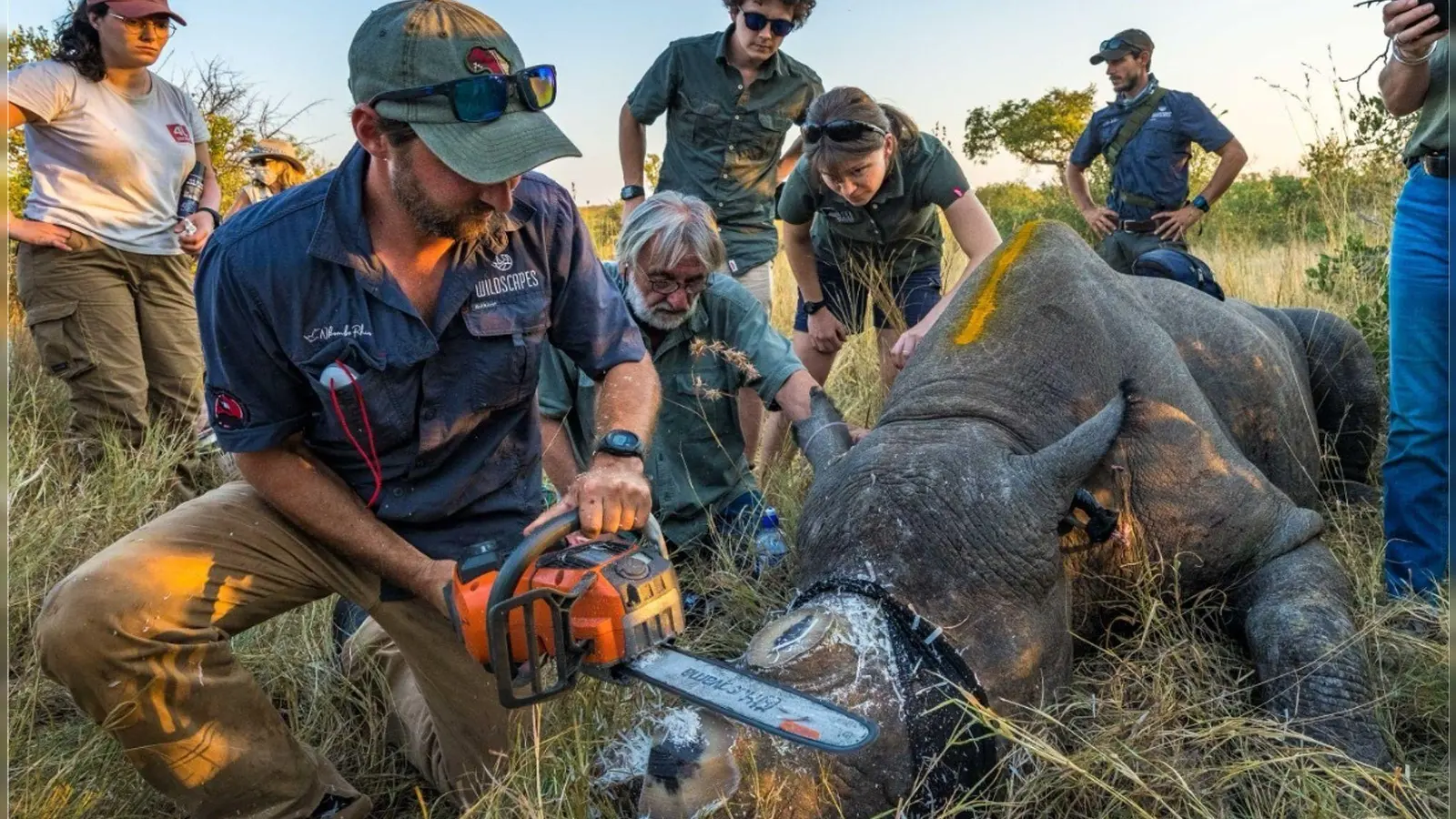 Einem Nashorn wird vorsorglich das Horn abgesägt. (Handout) (Foto: ---/Greater Kruger Environmental Protection Foundation/dpa)