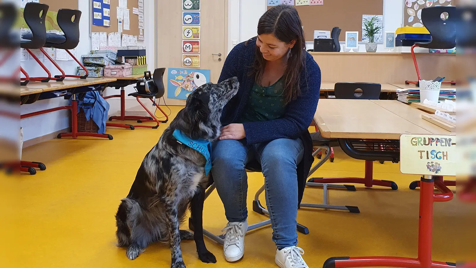 Zwei Mal pro Woche kommt Schulhund Nika mit in Barbara Sauers Kombi-Klasse. (Foto: Anna Franck)