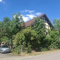 Das Anwesen in der Mönchstraße, das die Gemeinde geerbt hat: links Scheune, Mitte altes Haus, rechts, etwas versteckt hinter den Bäumen, das neuere Haus. (Foto: Gertraud Nöth)