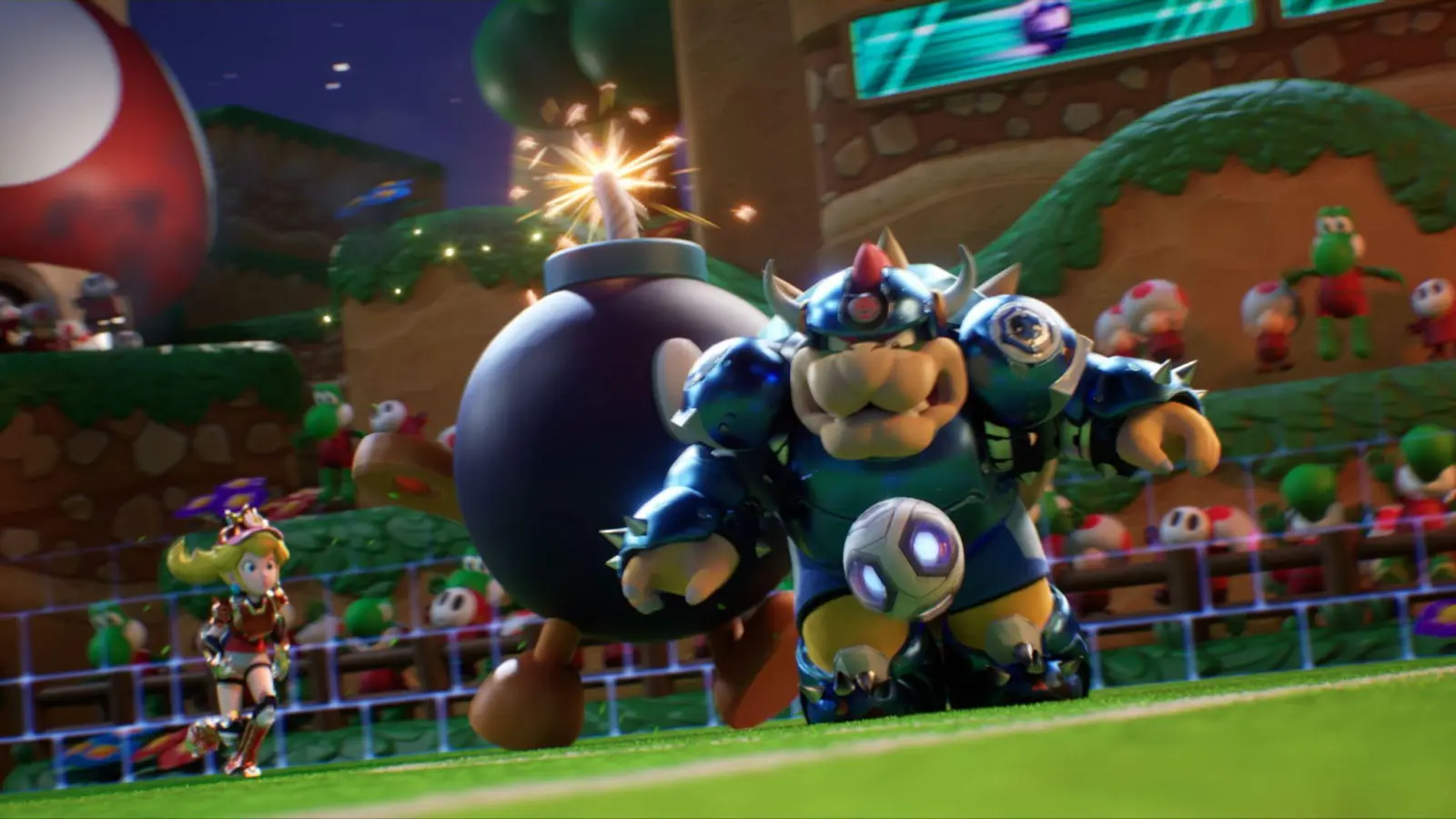 Bowser und Bob-omb auf dem grünen Rasen: „Mario Strikers: Battle League Football“ bringt die bekannten Mario-Figuren in ein sportliches Setting. (Foto: Nintendo/dpa-tmn)