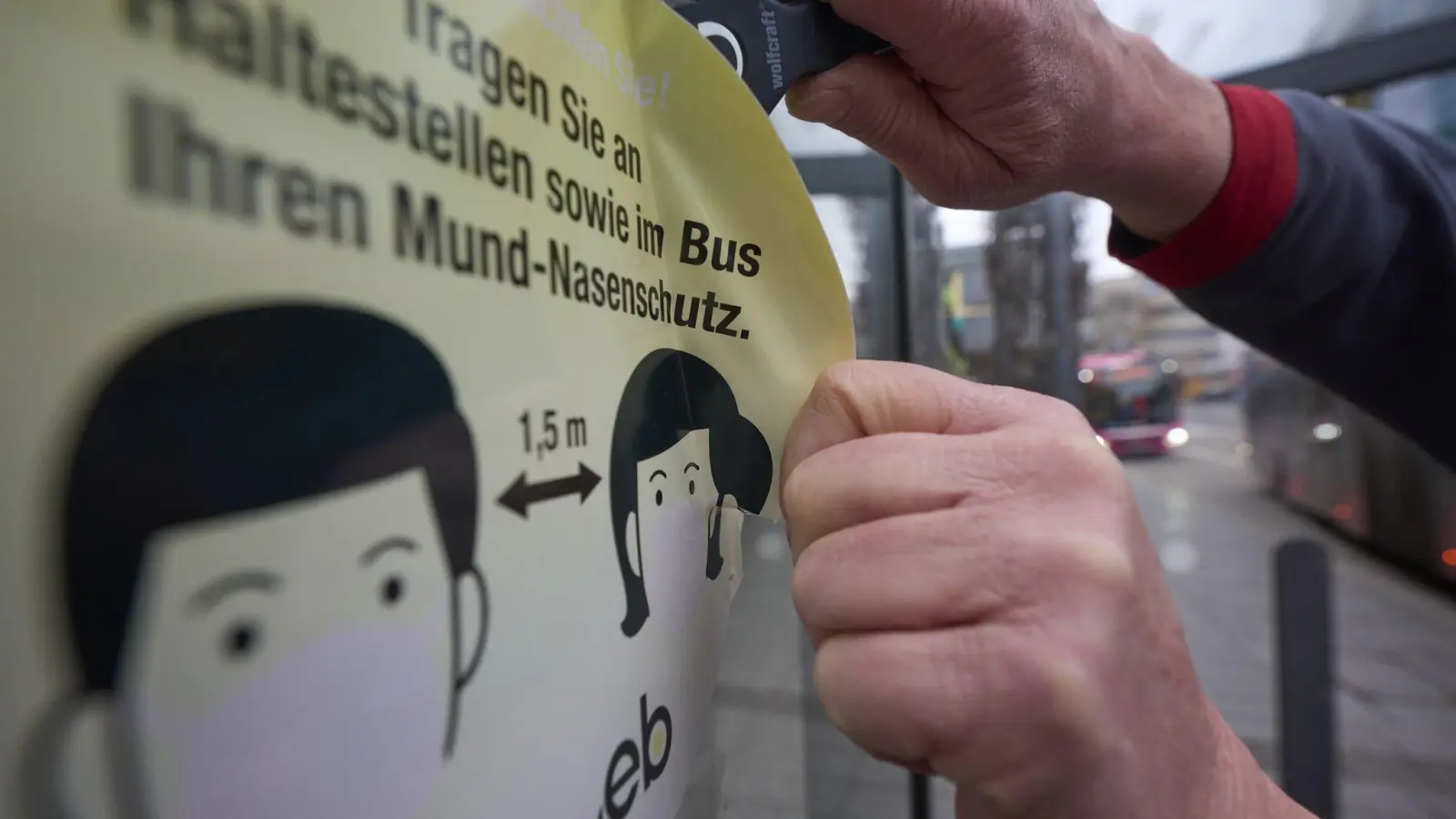 Ein Mitarbeiter der Koblenzer Verkehrsbetriebe entfernt an einer Haltestelle einen Aufkleber, der die Fahrgäste zum Tragen von Masken auffordert. (Foto: Thomas Frey/dpa)