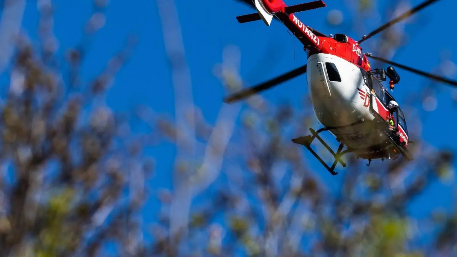 Ein Helikopter der DRF Luftrettung schwebt am Himmel über einem Waldstück. (Foto: Philipp von Ditfurth/dpa/Archivbild)