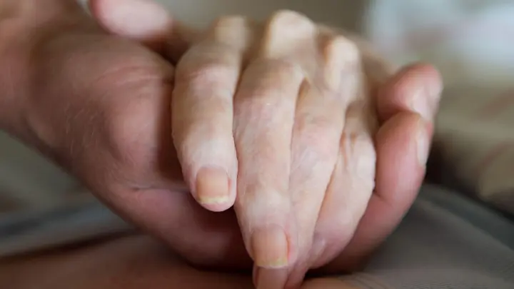 Ein Altenpfleger hält in einem Pflegeheim die Hand einer Frau. Heute befasst sich der Bundestag mit konkreten Vorschlägen zur Regelung der Sterbehilfe in Deutschland. (Foto: Sebastian Kahnert/zb/dpa)