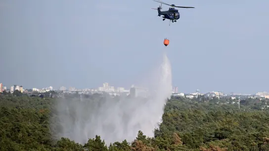 Löscharbeiten aus der Luft: Ein Hubschrauber der Bundespolizei wirft Wasser über der Brandstelle im Grunewald ab. (Foto: Britta Pedersen/dpa)