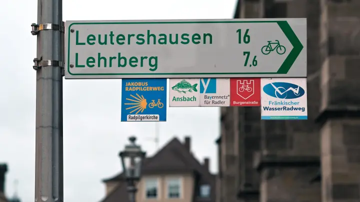 Blaue Schilder mit der gelben Aufschrift „Jakobus-Radpilgerweg” makieren die Strecke. Ein solcher Wegweiser befindet sich bei der AnsbacherJohanniskirche, in der die diesjährige Radtour der Ansbacher Kreisgruppe im ADFC endet.  (Foto:  Jim Albright)