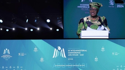 Die Generaldirektorin der Welthandelsorganisation, Ngozi Okonjo-Iweala, spricht beim 13. Ministertreffen der Welthandelsorganisation: Ein Abkommen zum besseren Schutz der Fischbestände ist vorerst gescheitert. (Foto: Jon Gambrell/AP/dpa)