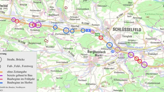 Im Autobahnabschnitt Geiselwind–Burghaslach–Schlüsselfeld gibt es viele Querungsbauwerke, die verändert werden müssen. Karte: Bayerisches Landesamt für Digitalisierung, Breitband und Vermessung  (Grafik: FLZ)