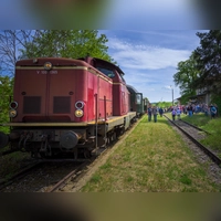 Mehr als hundert Personen warteten am Bahnhof Wilburgstetten, als der historische Sonderzug aus Nördlingen einrollte. Die weinrote Lok aus den 1960er-Jahren stellte das Bayerische Eisenbahnmuseum bereit. (Foto: René Chlopotowski)