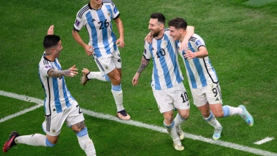Argentiniens Julian Alvarez (r) jubelt nach einem Tor mit Lautaro Martínez (l-r), Nahuel Molina und Lionel Messi. (Foto: Robert Michael/dpa)