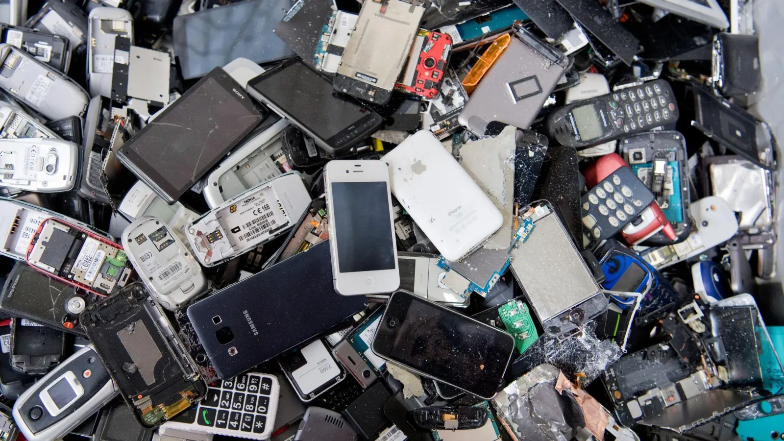 Alte Handys und Smartphones liegen in einem Container, ehe sie geschreddert werden. (Foto: Julian Stratenschulte/dpa)