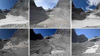 Die Fotos zeigen die Reste des Watzmanngletschers auf 2060 Metern - 2021 (oben links), 2022 (oben Mitte), 2023 (oben rechts), 2024 (unten links), 2025 (unten Mitte) und 2026 (unten rechts). (Foto: Angelika Warmuth/dpa)