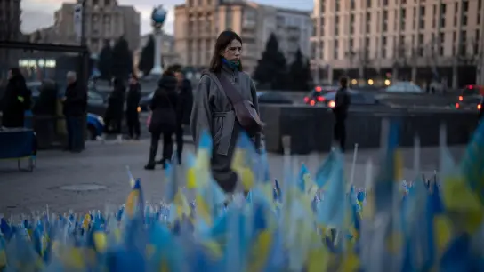 Eine Frau betrachtet die ukrainischen Flaggen, die zum Gedenken an die Gefallenen des Krieges in der Nähe des Kiewer Maidan-Platzes aufgestellt wurden. (Foto: Daniel Cole/AP/dpa)